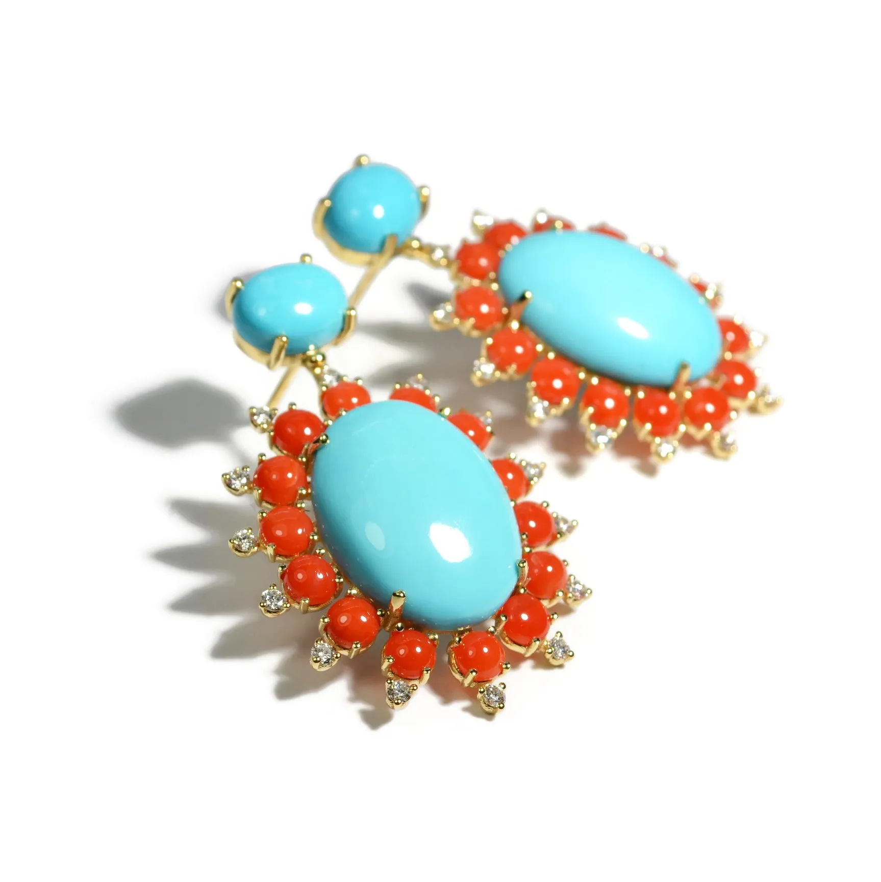 A & Furst - Sole - Drop Earrings with Natural Arizona Turquoise, Natural Coral and Diamonds, 18k Yellow Gold