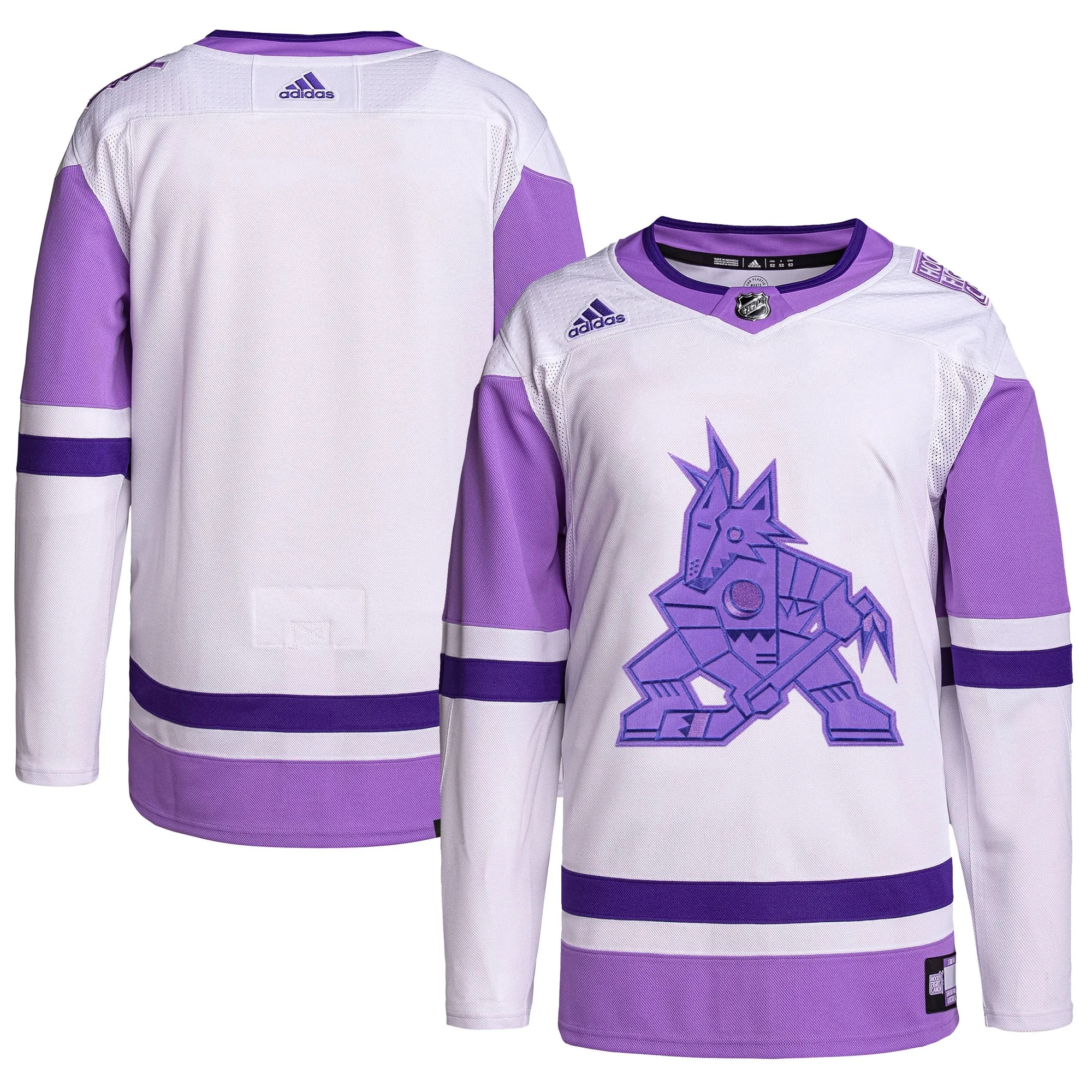 Arizona Coyotes adidas Hockey Fights Cancer Primegreen Authentic Blank Practice Jersey - White/Purple