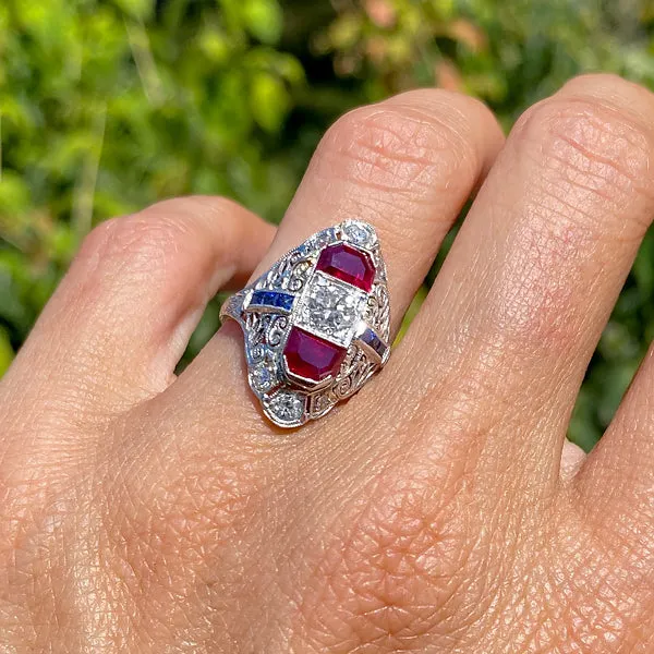 Art Deco Diamond, Ruby & Sapphire Dinner Ring