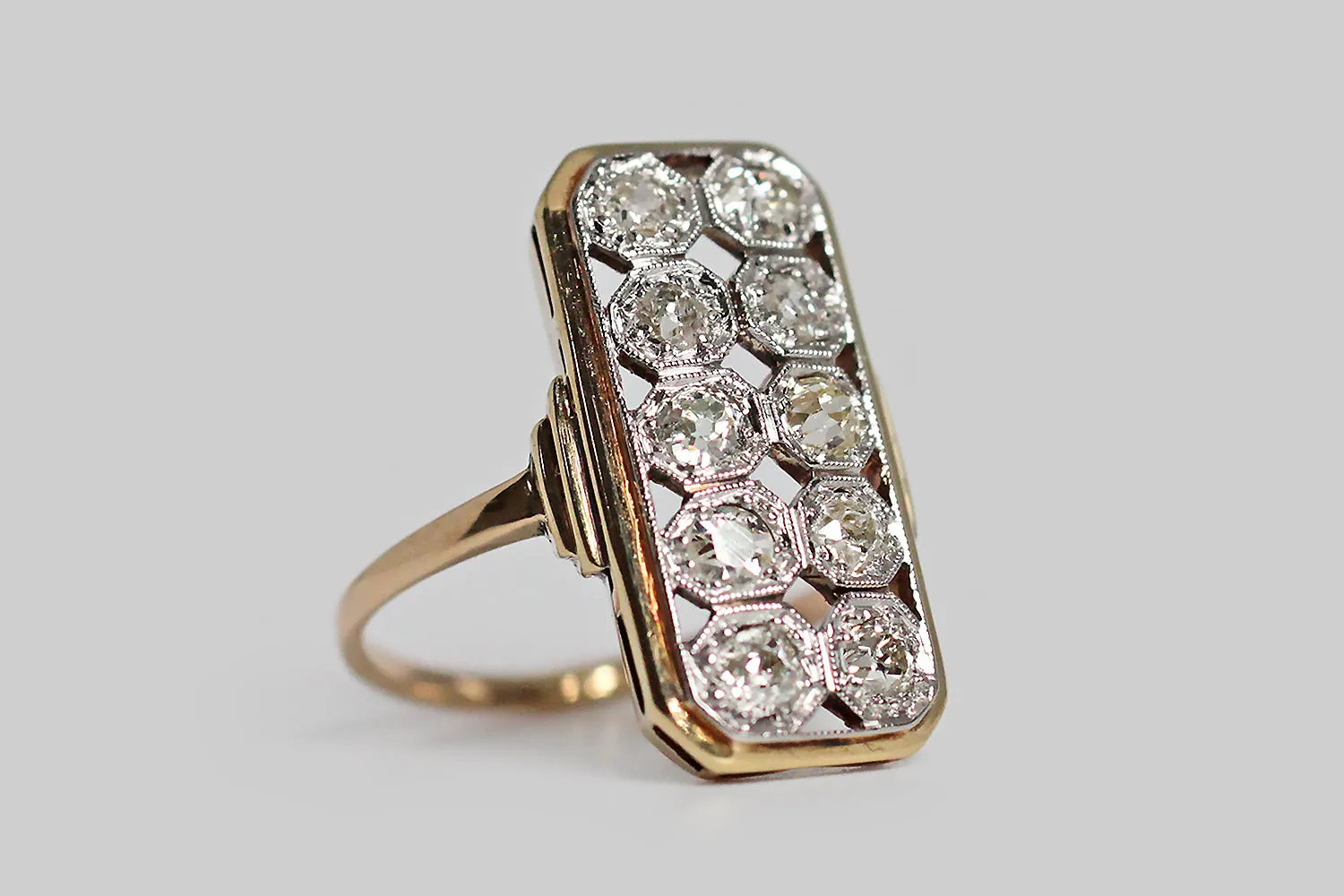 Belle poque Era Ten Diamond Panel Ring in 14k Gold & Platinum