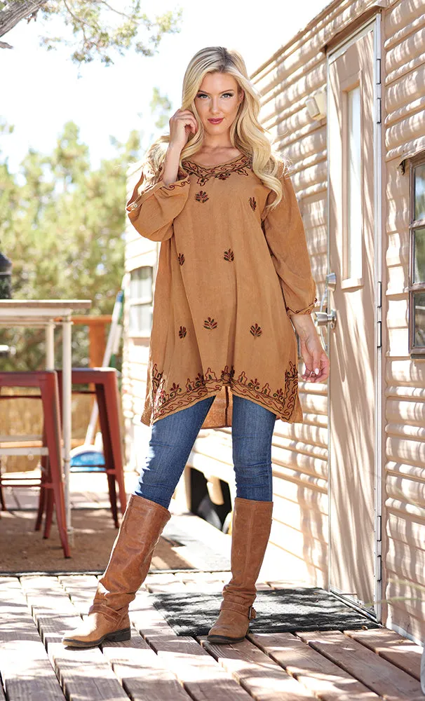 Brown Long Sleeve Embroidered Dress