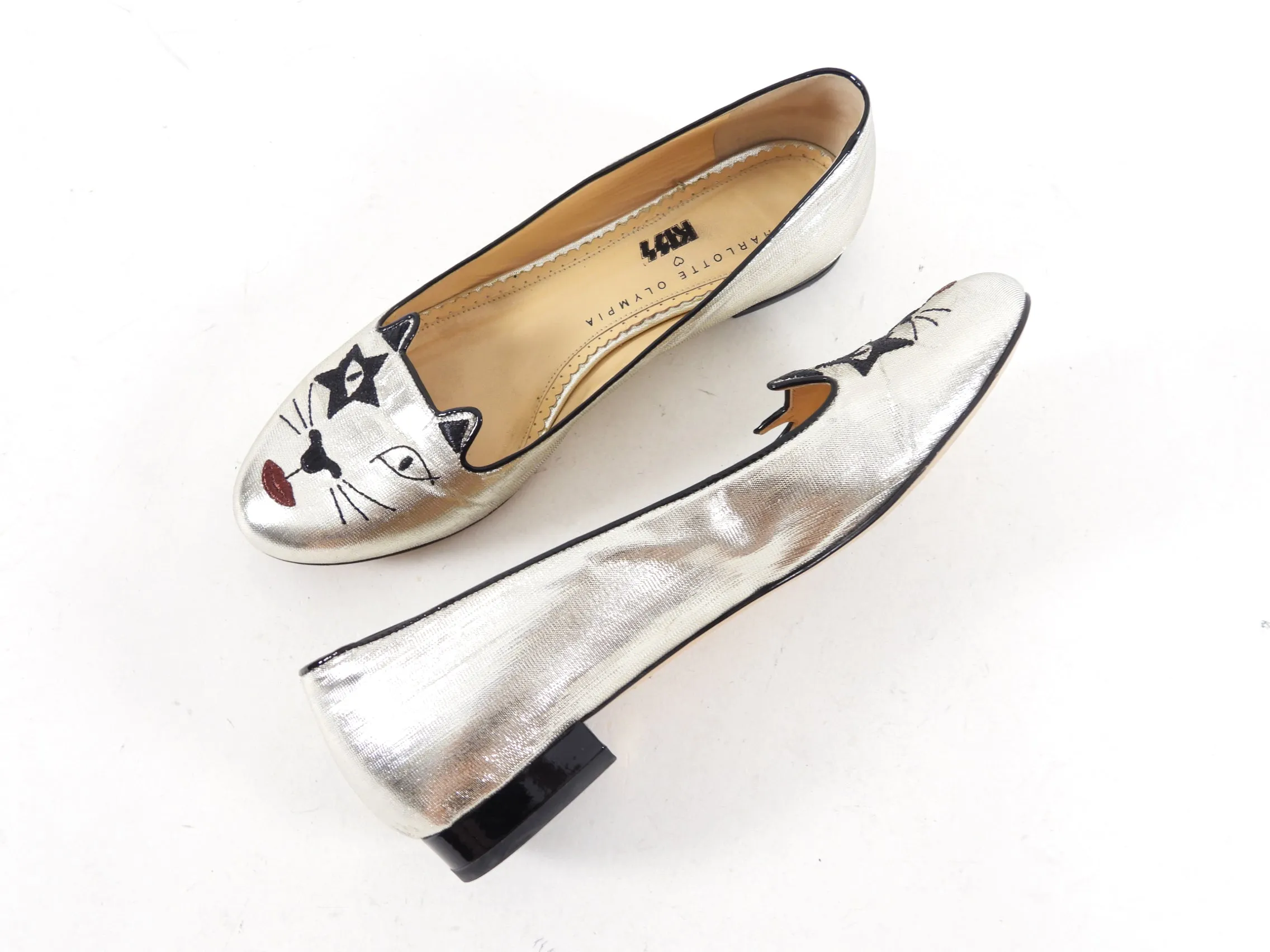 Charlotte Olympia x Kiss Silver Cat Flats - 38