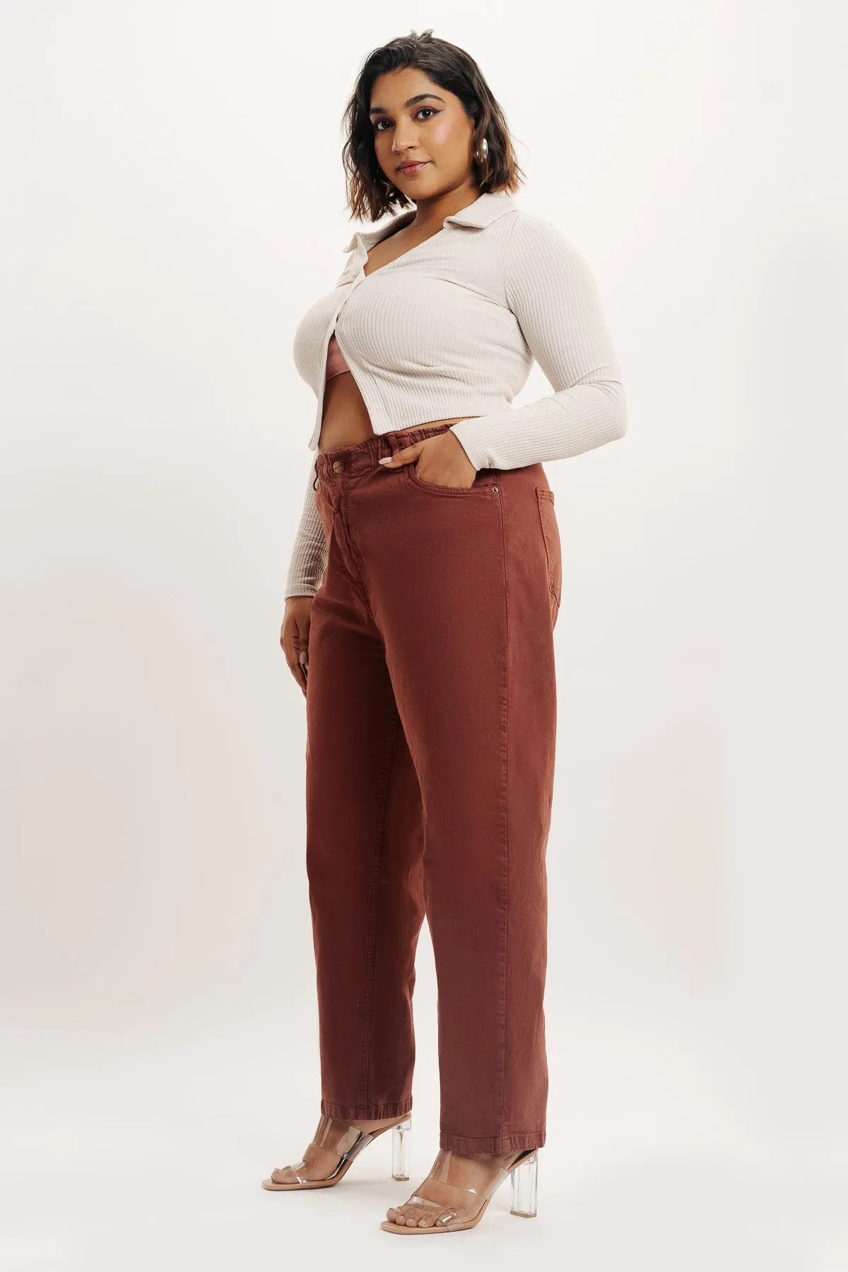 Curve Brown Elasticated Mom Jeans