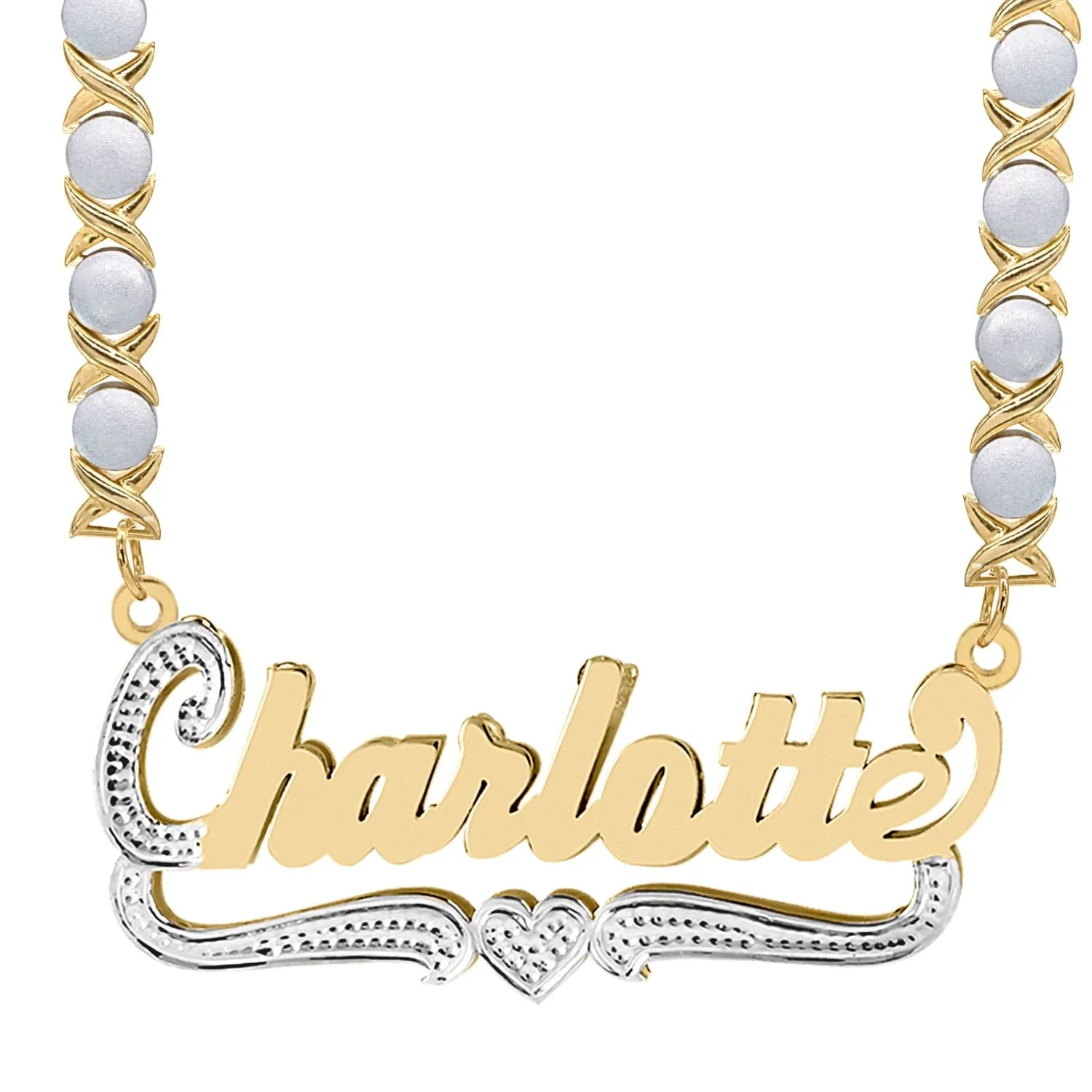 Double Script Name Plate With Beading with Rhodium Xoxo Chain