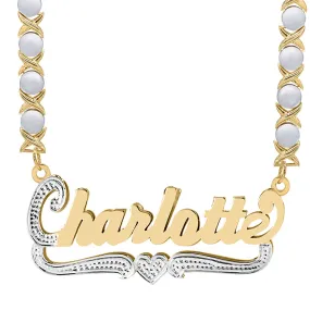 Double Script Name Plate With Beading with Rhodium Xoxo Chain