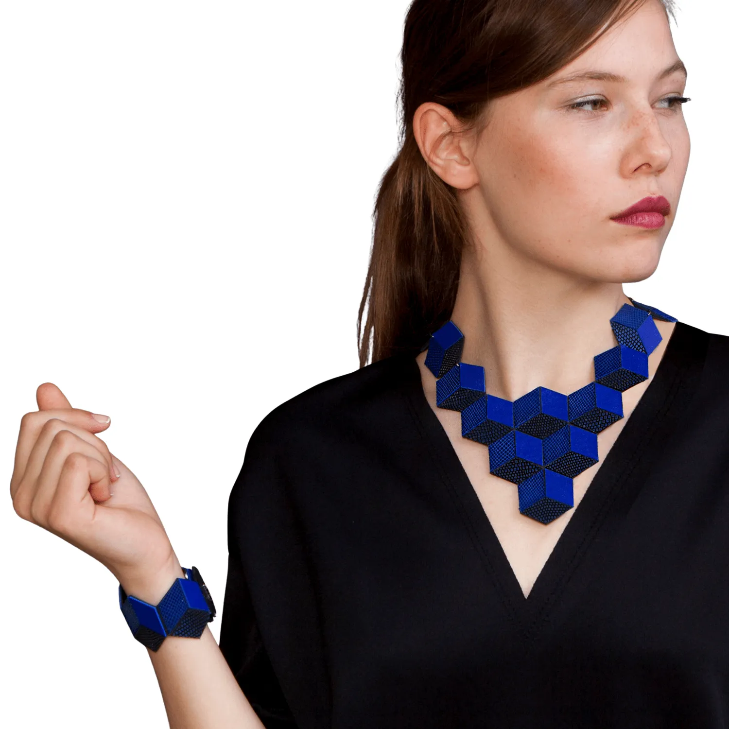 Jeanne Darc blue leather necklace and bracelet set