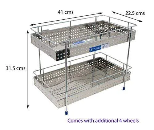 Kitchen Mart Fruit & Vegetable Trolley with / without Wheels, Rectangle, 2-Tier, Perfo Model, Stainless Steel (Multipurpose Kitchen Storage Rack / Shelf)