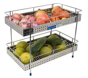 Kitchen Mart Fruit & Vegetable Trolley with / without Wheels, Rectangle, 2-Tier, Perfo Model, Stainless Steel (Multipurpose Kitchen Storage Rack / Shelf)