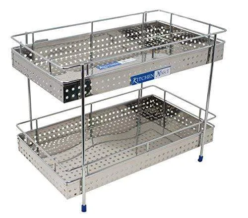 Kitchen Mart Fruit & Vegetable Trolley with / without Wheels, Rectangle, 2-Tier, Perfo Model, Stainless Steel (Multipurpose Kitchen Storage Rack / Shelf)