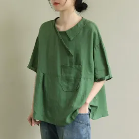 Loose Stitching Patch Pocket 3/4 Sleeve Linen Shirt