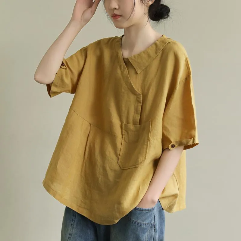 Loose Stitching Patch Pocket 3/4 Sleeve Linen Shirt