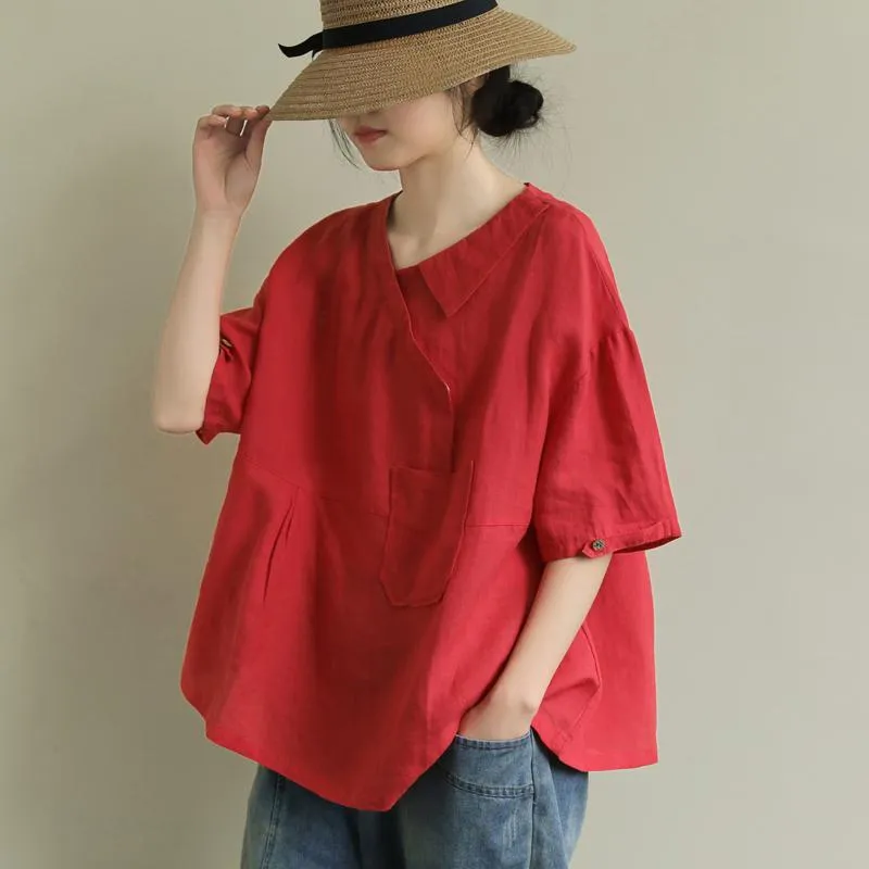 Loose Stitching Patch Pocket 3/4 Sleeve Linen Shirt