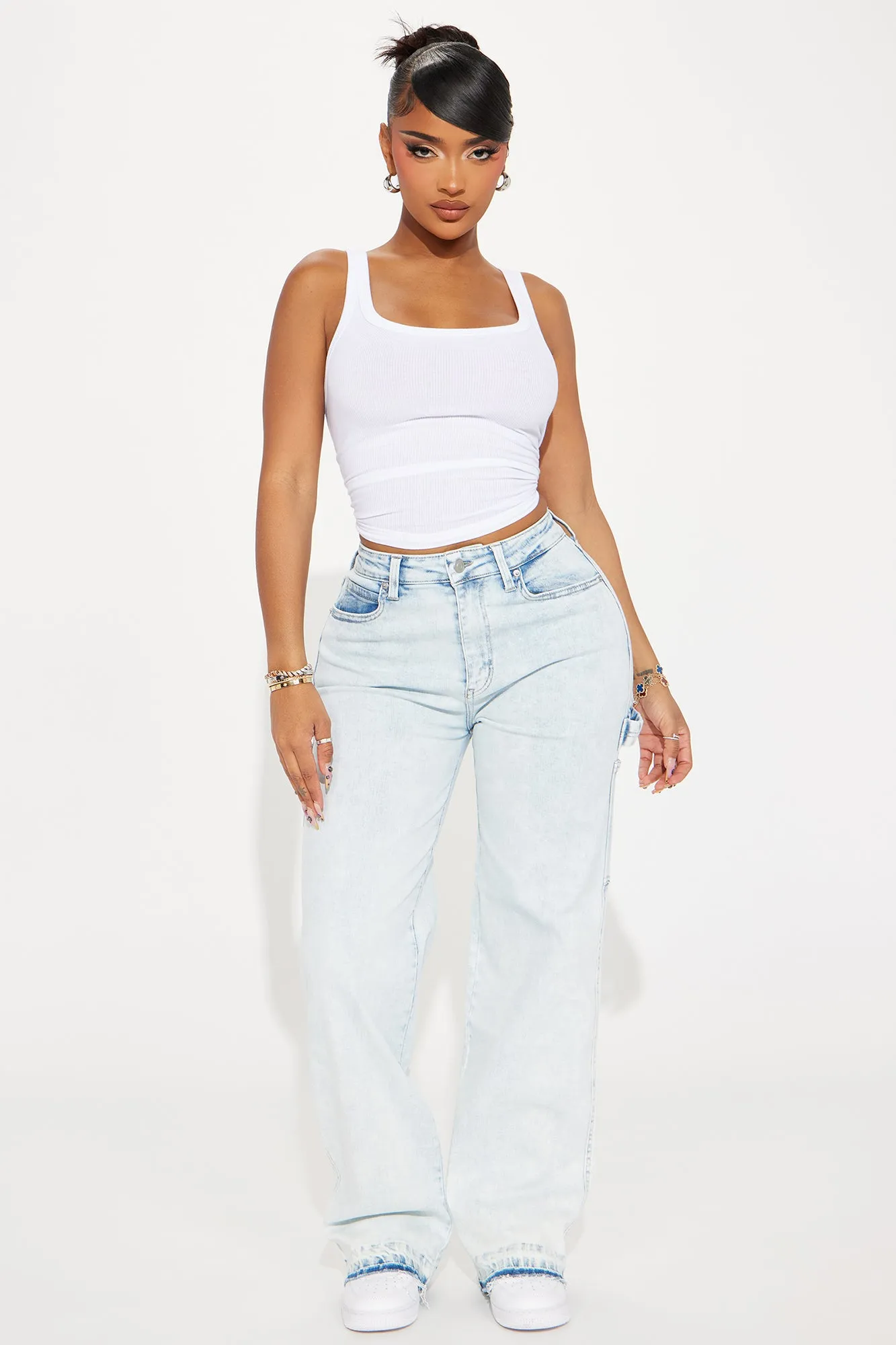 Pay Attention Stretch Straight Leg Carpenter Jeans - Light Wash