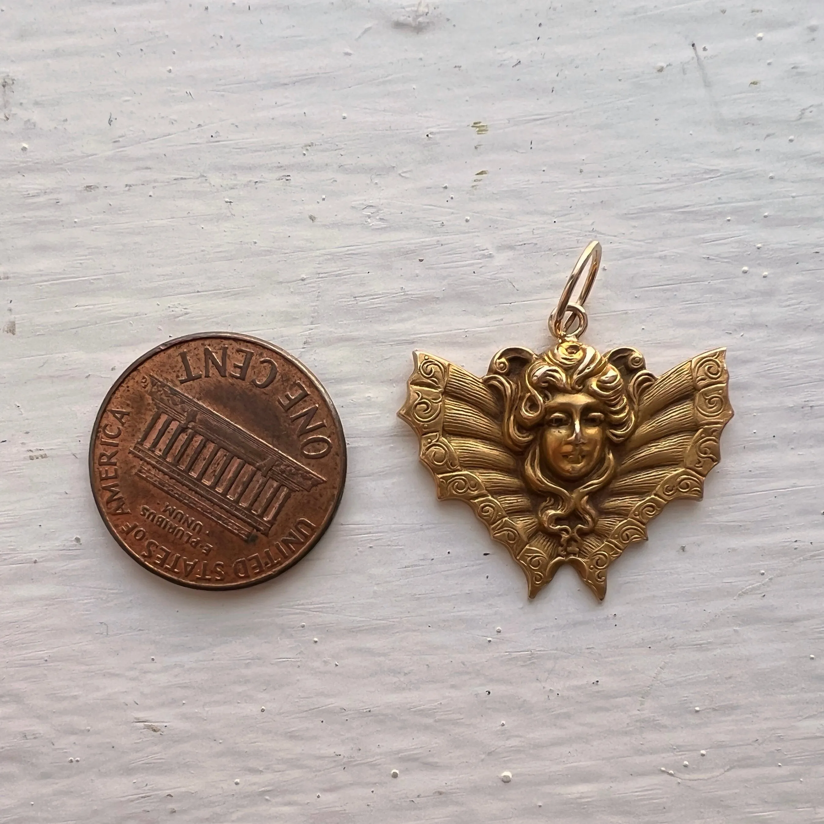 reimagined V I N T A G E // winged femme / 10k solid yellow gold / pin conversion pendant / moth lady face goddess butterfly