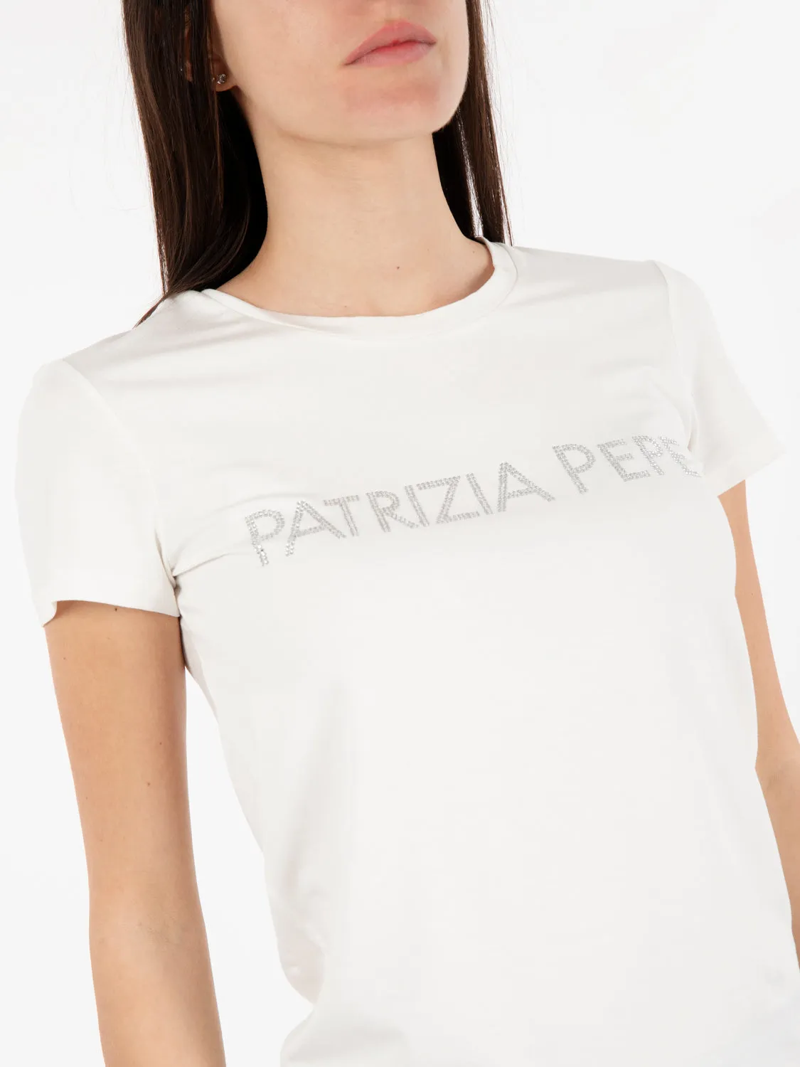 T-shirt logo lettering strass bianco