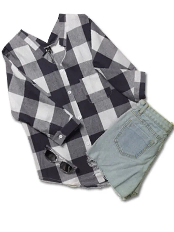 WealFeel V-neck Elbow sleeves Plaid Shirt