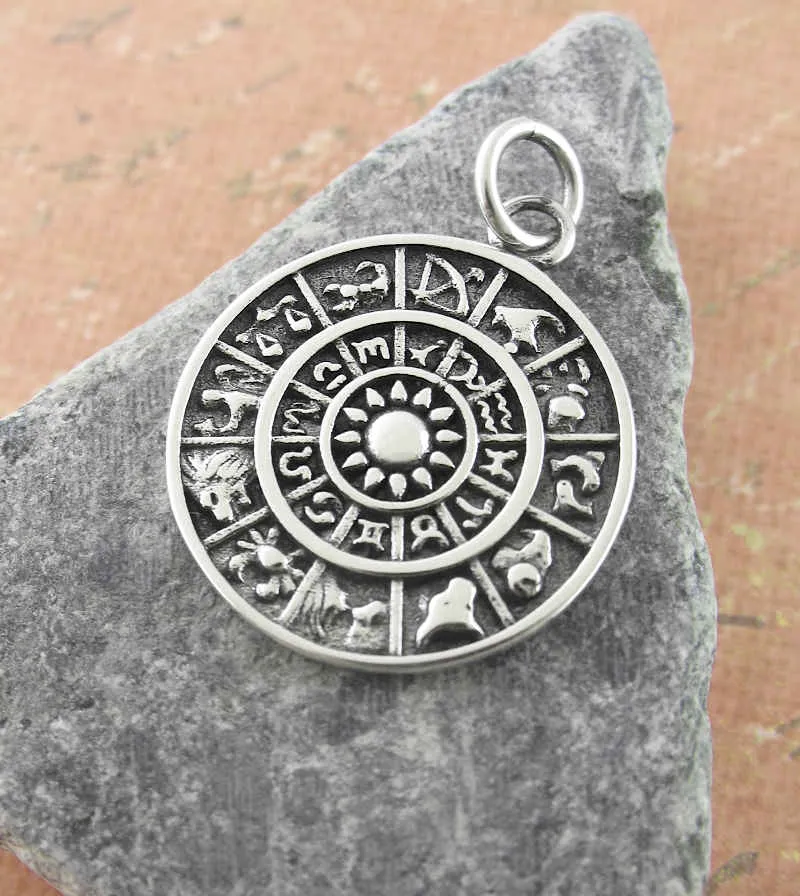 Zodiac Wheel Pendant With Astrological Signs & Symbols