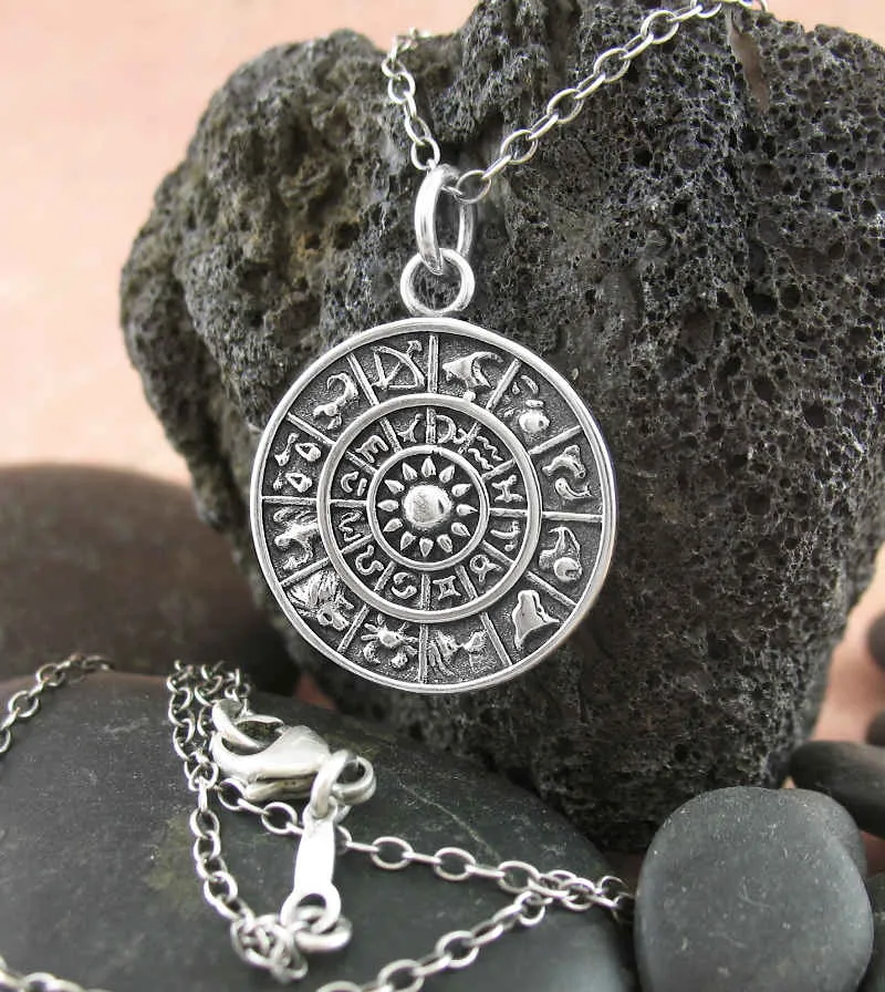 Zodiac Wheel Pendant With Astrological Signs & Symbols